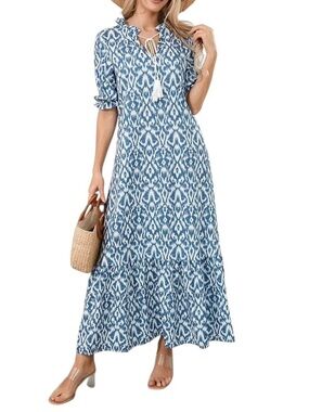 Women Med Blue White Boho Tassel Tie Neck Flounce Sleeve Ruffle Hem Smock Dress